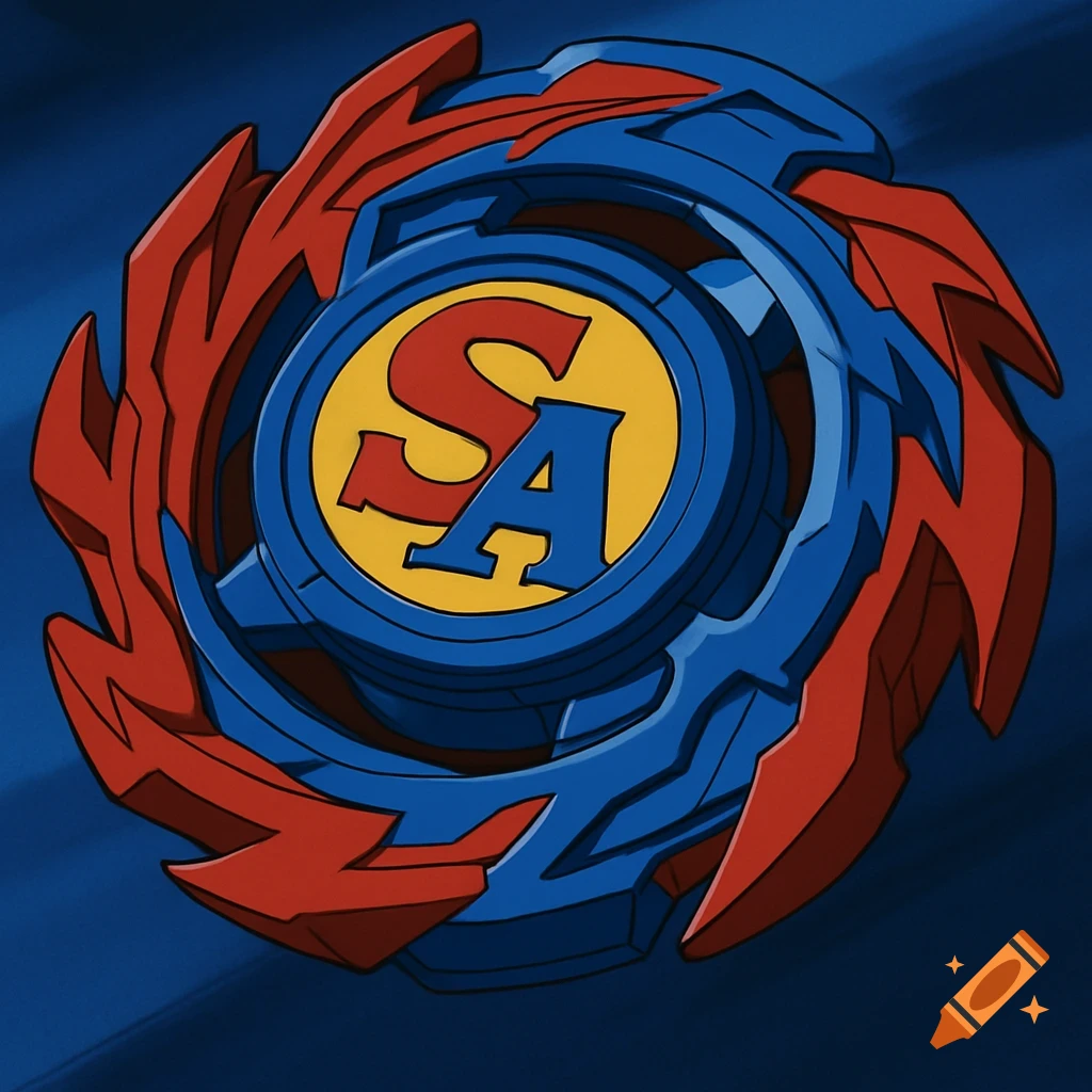A red and blue anime-style Beyblade spinning top with a red S and blue A in the center.