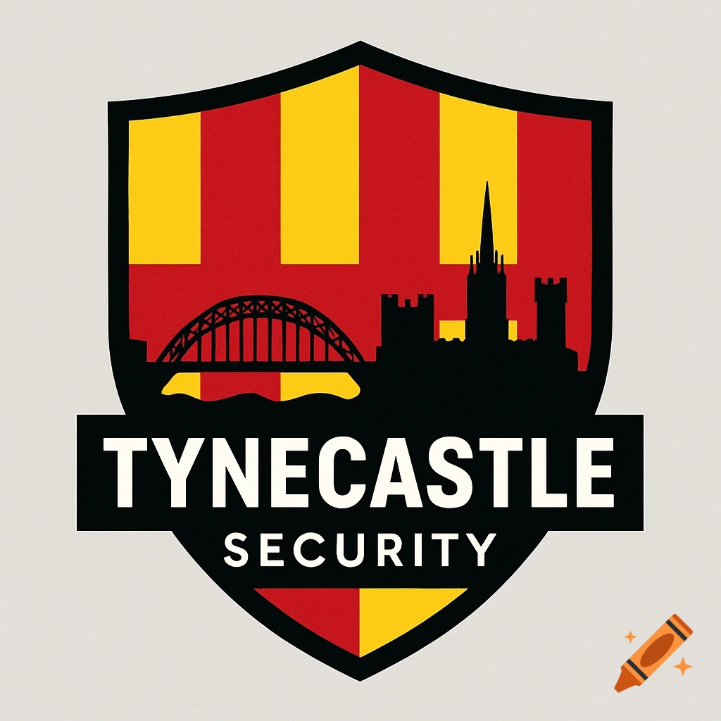 A security logo shield with red and yellow stripes, featuring a black silhouette of the Newcastle upon Tyne skyline, a bridge, and 'TYNECASTLE SECURITY' text.