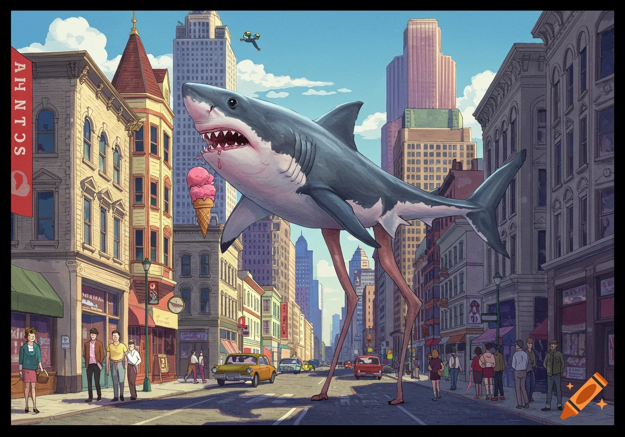 A surreal illustration of a large shark with long legs standing in a city street, holding a pink ice cream cone.
