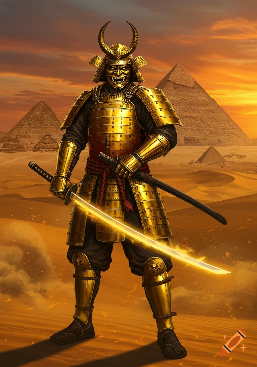 Golden armored samurai with demon mask holds a glowing sword in the Egyptian desert at sunset.