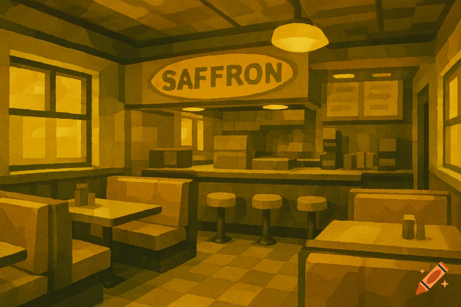 Interior of a yellow-toned diner called Saffron in a retro video game style.