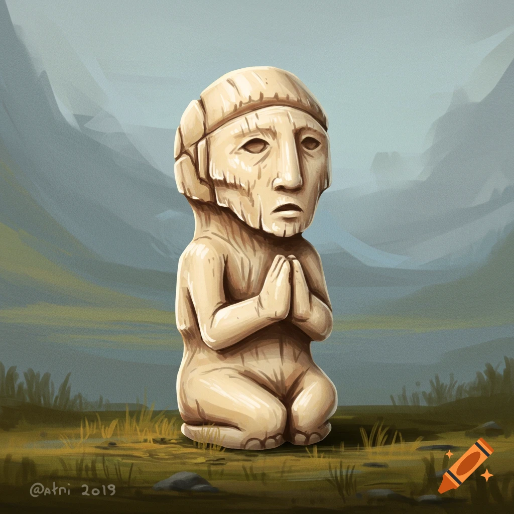 A carved figure of a human kneeling and praying in a landscape.