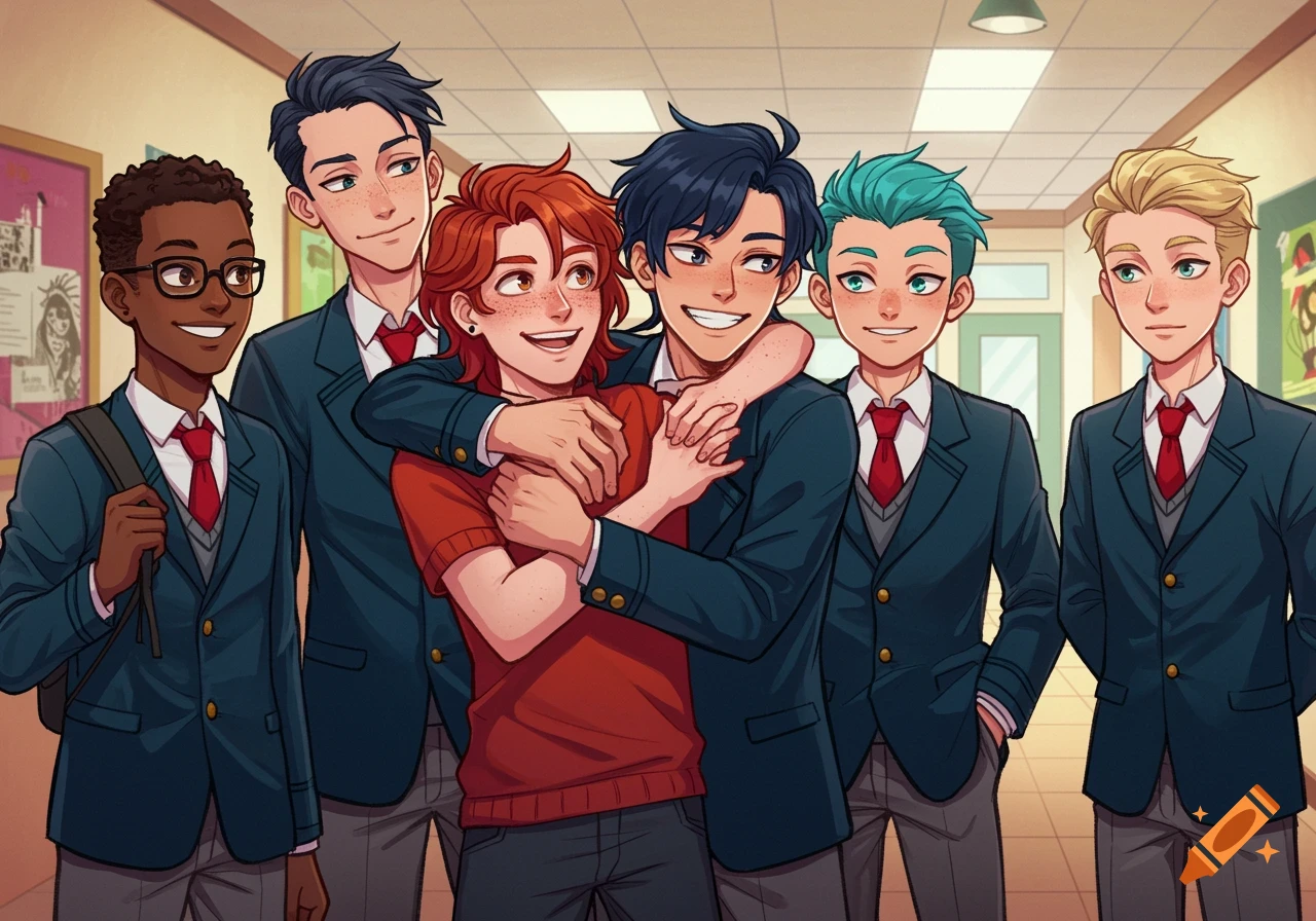 Group of six diverse teenage boys in school uniforms posing in a hallway, anime style.