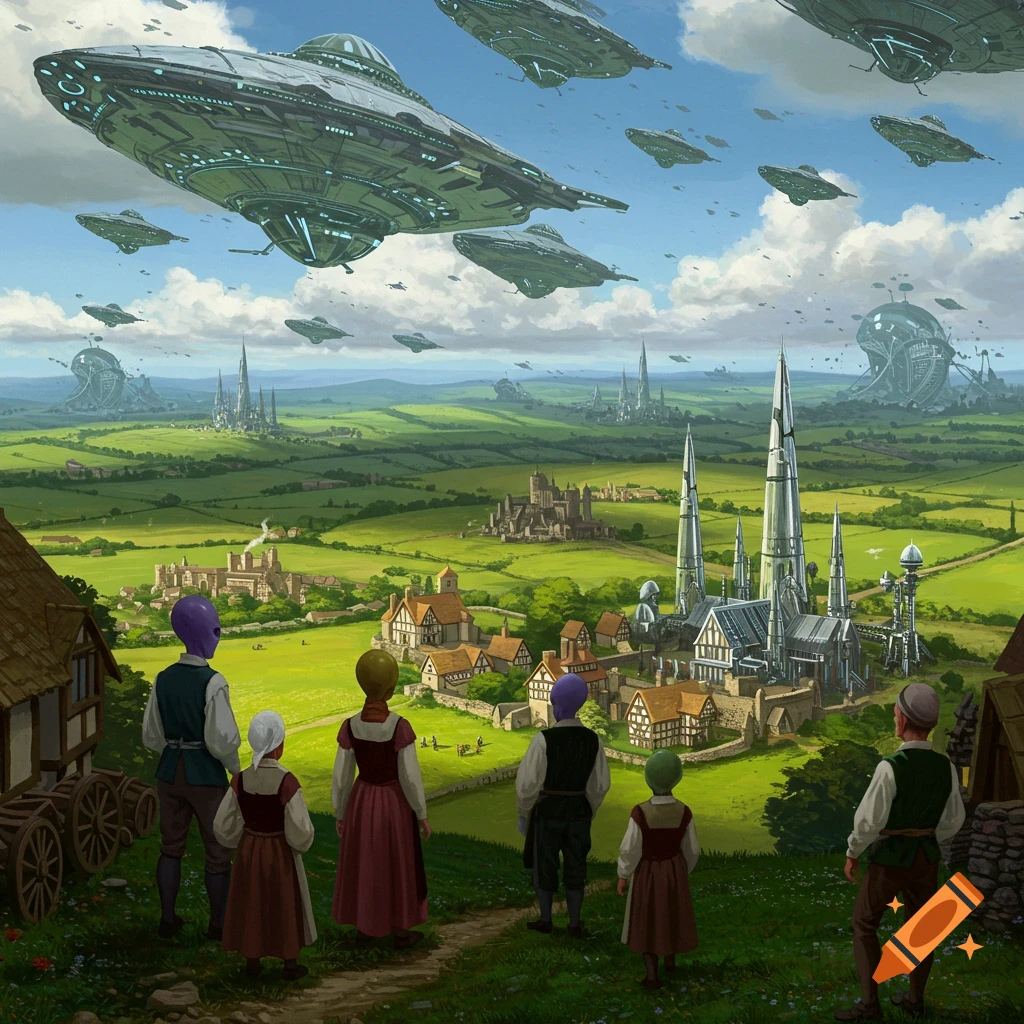 People watch as large spaceships fly over a futuristic village and green landscape.