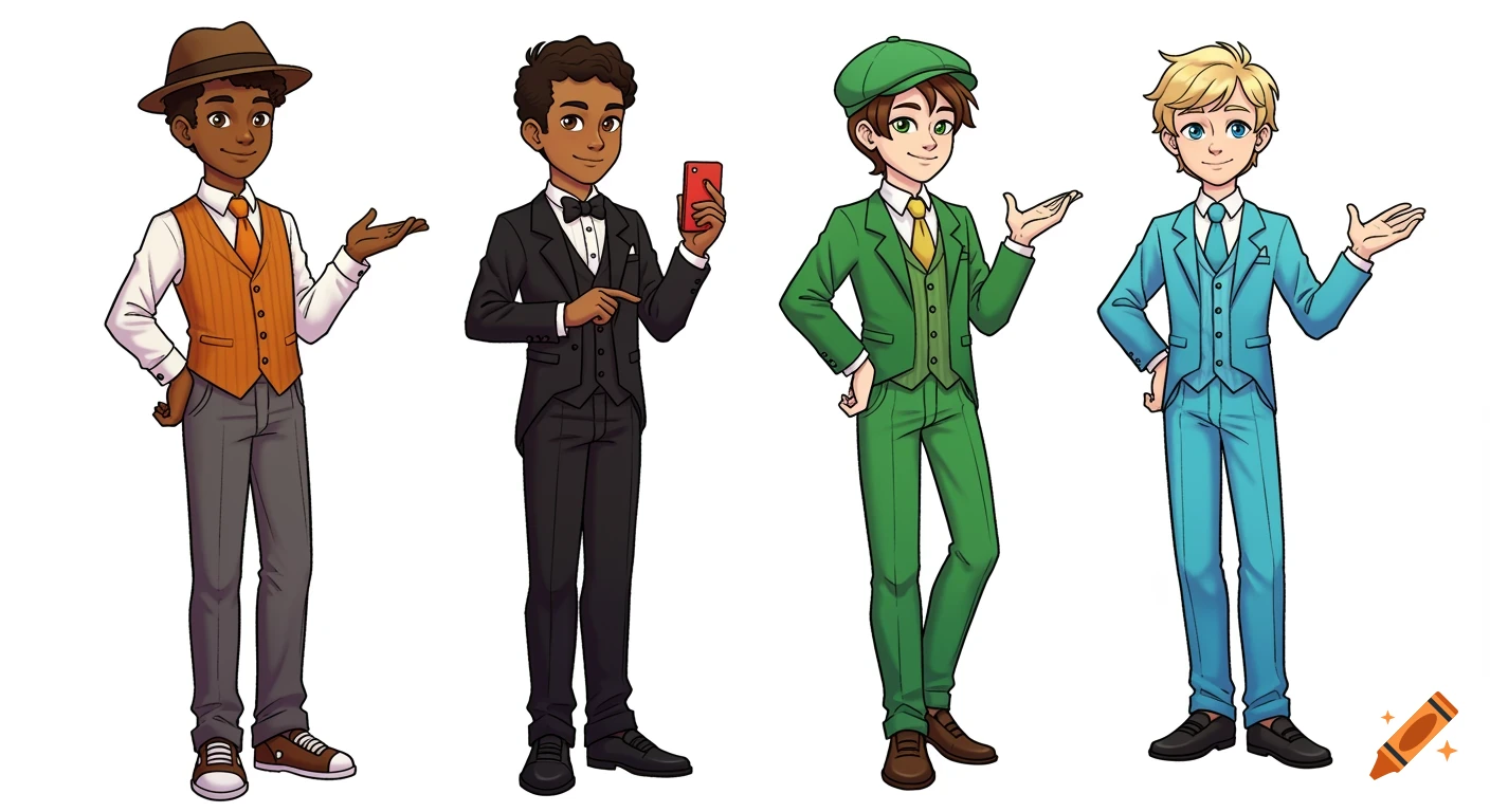 Four anime cartoon boys in colorful suits stand in a row.