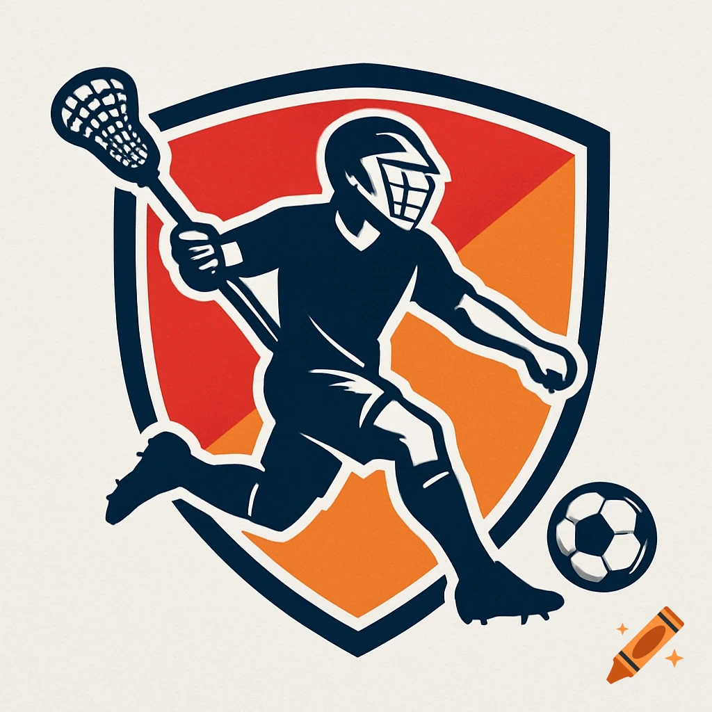 Sports logo shield with athlete playing lacrosse and soccer