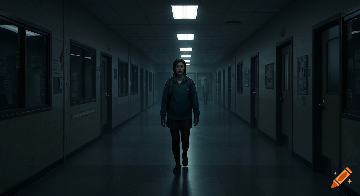 A student walks down a dark, moody school corridor.