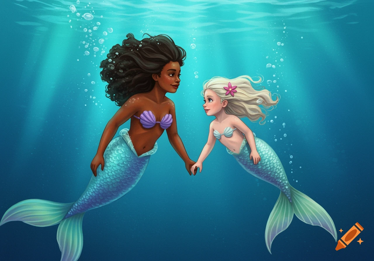 Stylized illustration of two mermaids, a mom and daughter, holding hands underwater.