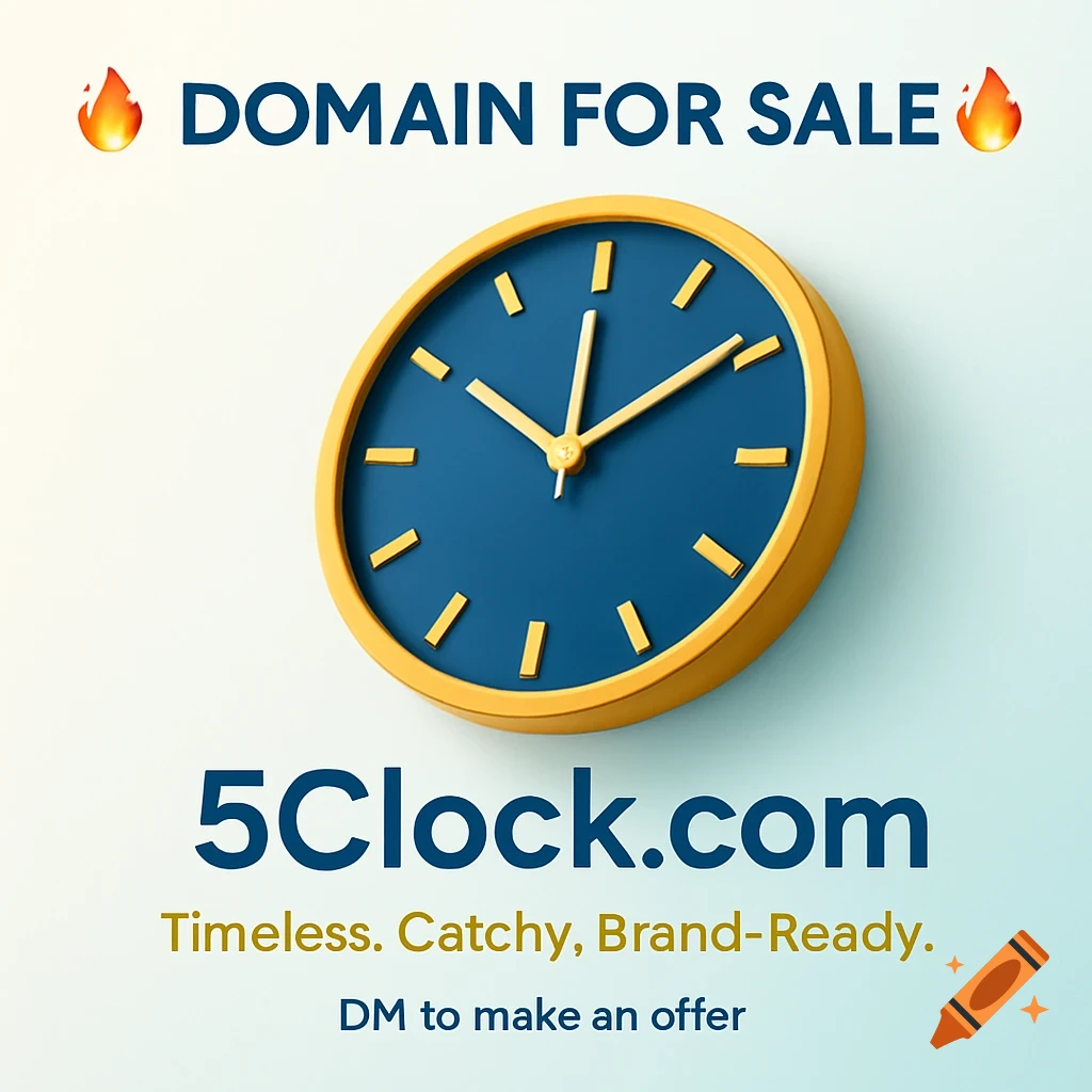 Promotional image for a domain sale featuring a clock and text.