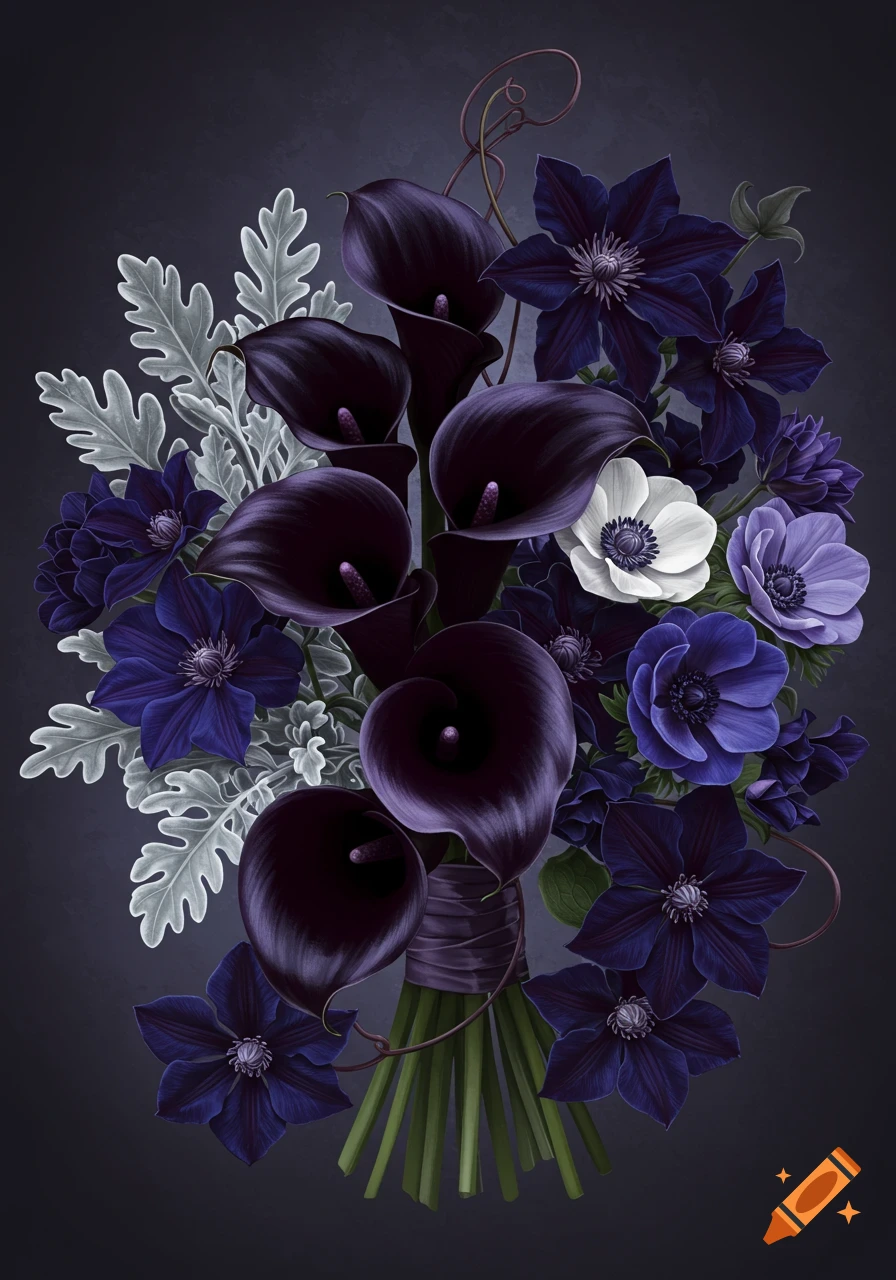 Detailed illustration of a dark bouquet with black calla lilies, purple clematis, blue anemones, and silver foliage against a dark background.