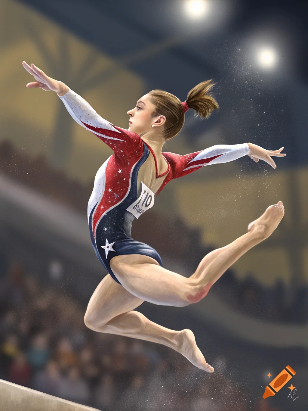 Painterly illustration of a female gymnast in a patriotic leotard mid-jump on a balance beam.