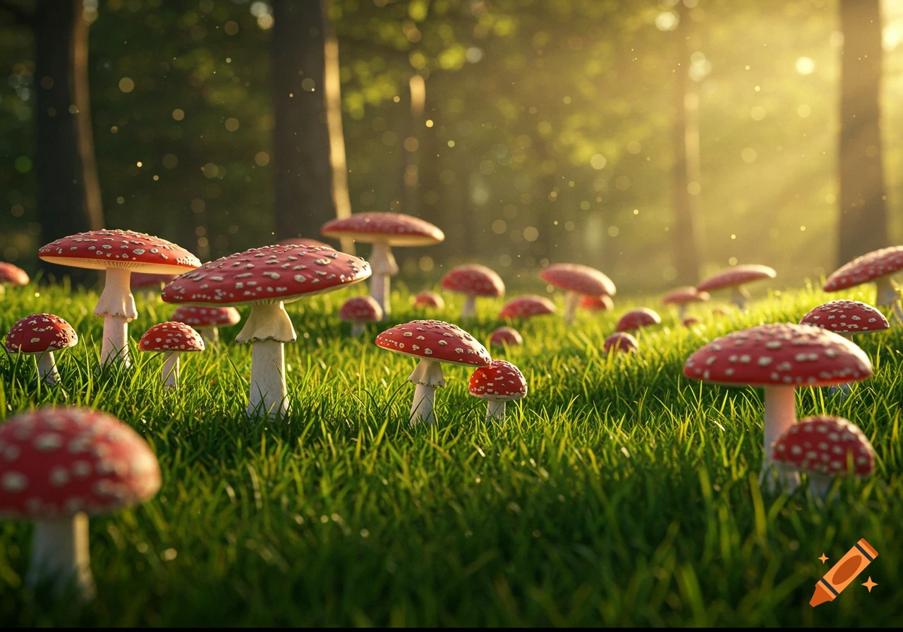 Red and white spotted mushrooms in a sunlit forest field