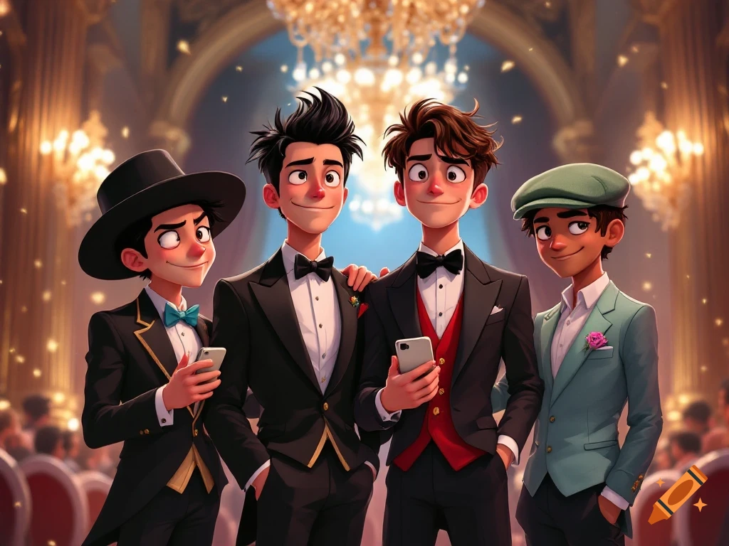 Four cartoon teenage boys in tuxedos and suits stand in a ballroom.