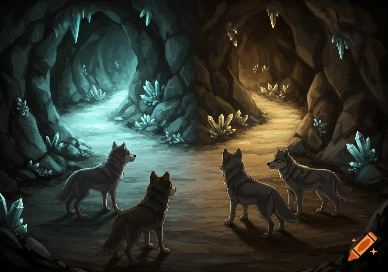 Four wolves stand at the fork of two paths in a crystal cave, one path glowing blue and the other orange.