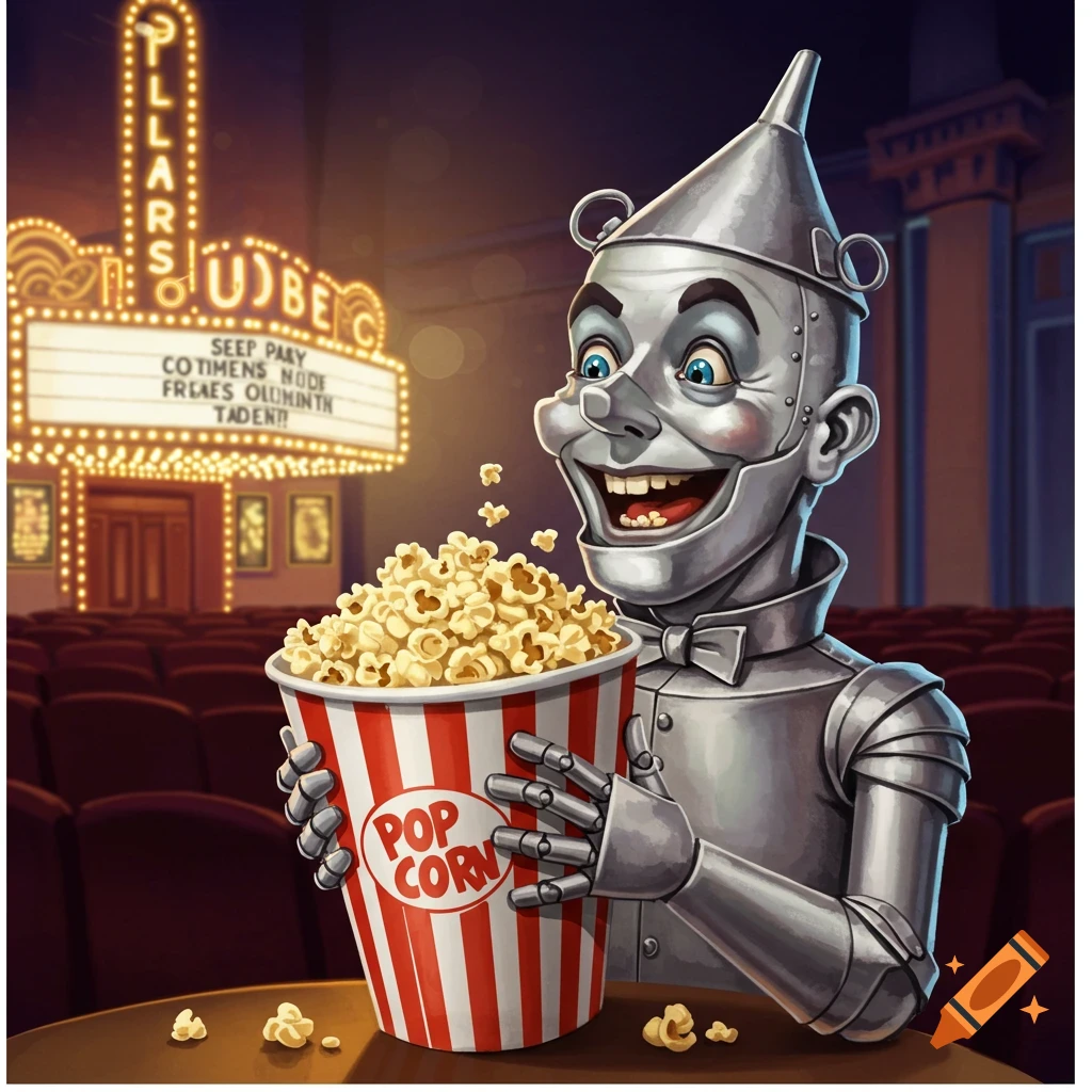 A cartoon-style Tin Man from Wizard of Oz smiles while holding a large bucket of popcorn in a movie theatre.