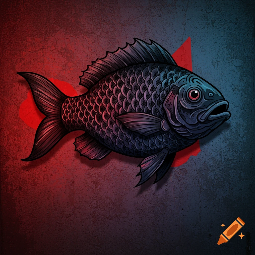 Traditional style tattoo illustration of a dark fish on a red and blue textured background.