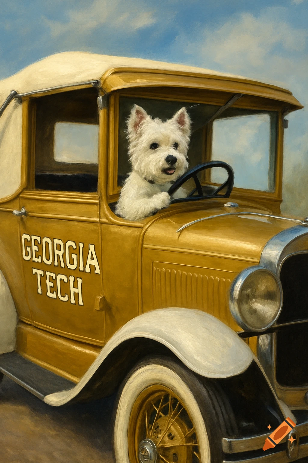 A Westie dog drives a yellow vintage car with 'GEORGIA TECH' on the side, painting style.