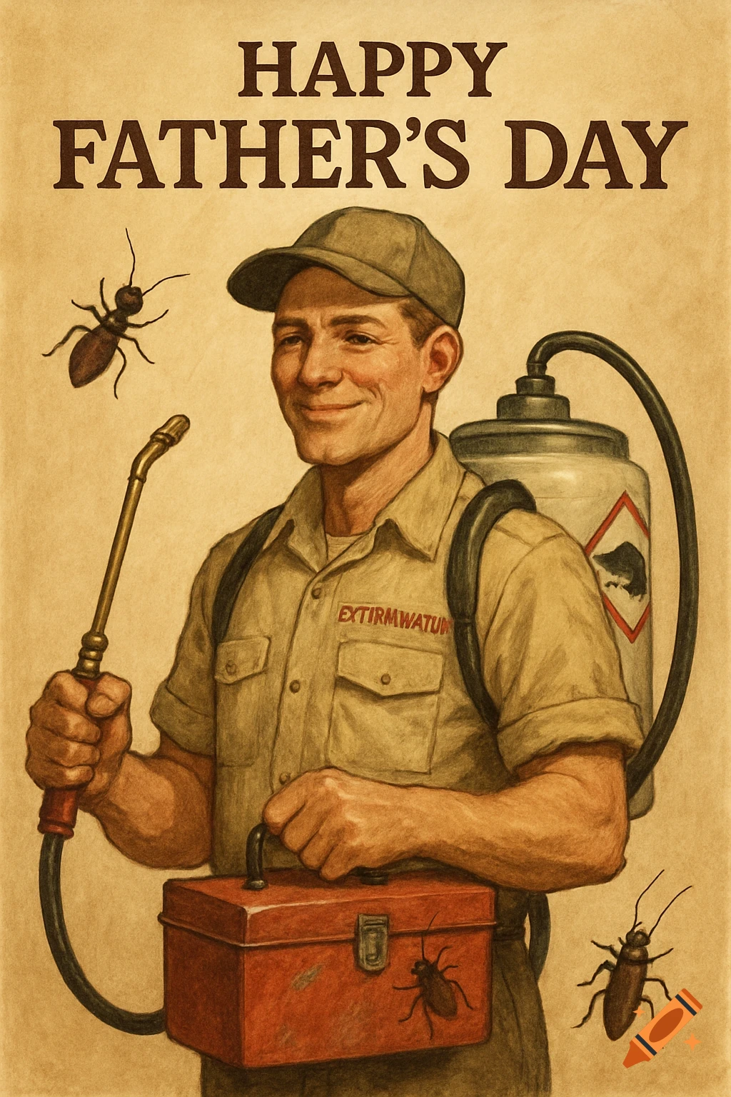 Illustration of an exterminator with sprayer and toolbox, surrounded by insects, with 'HAPPY FATHER'S DAY' text.