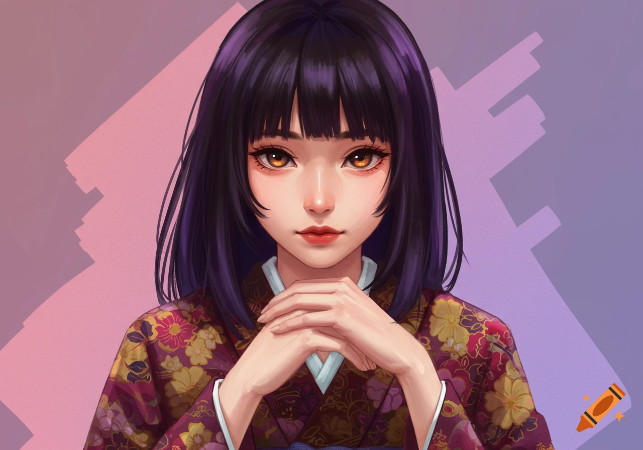 Portrait of a young woman with dark hair and golden eyes wearing a floral kimono, hands clasped, illustration.