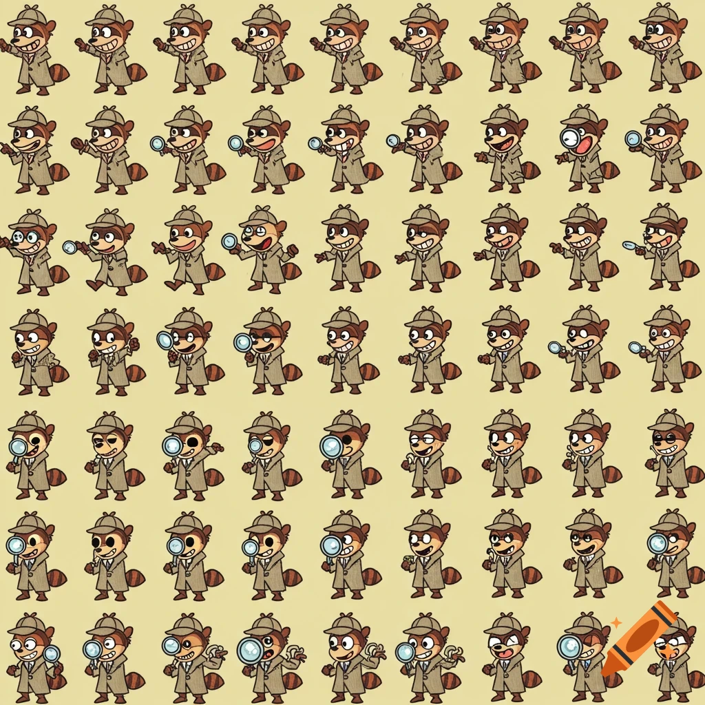 A grid of cartoon raccoons dressed as detectives holding magnifying glasses.