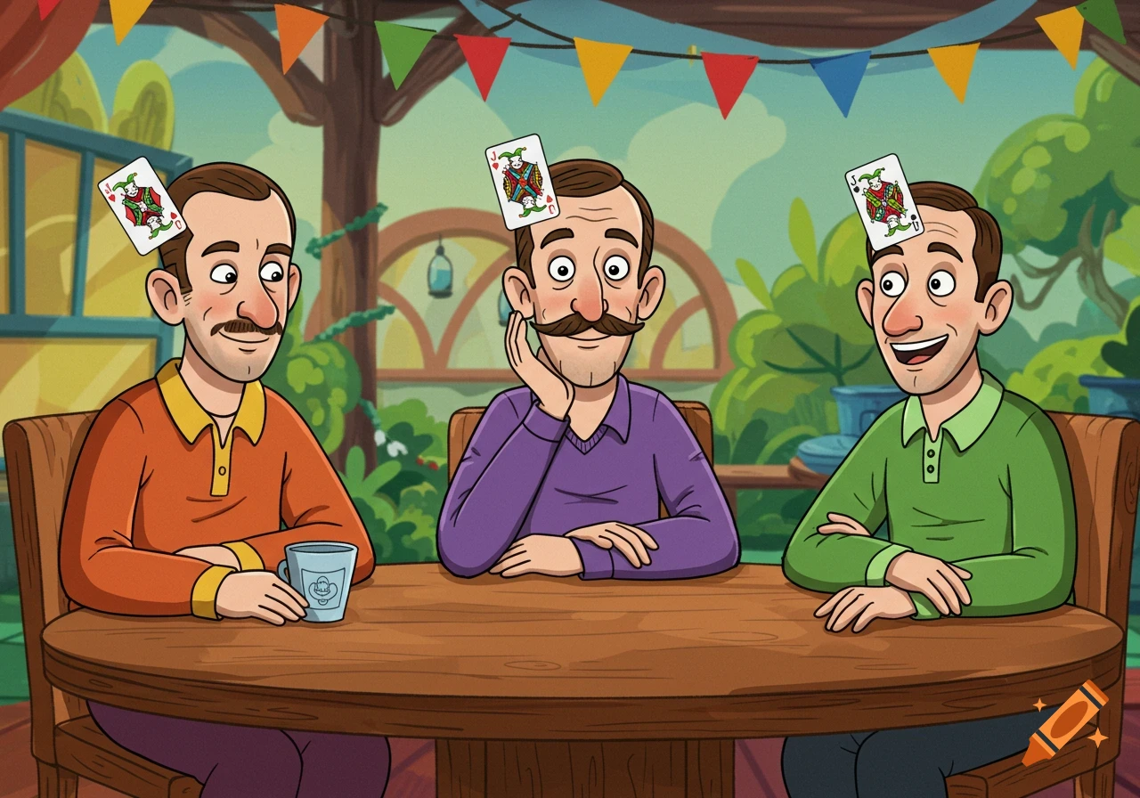 Three cartoon men with mustaches sit at a table with playing cards on their heads.