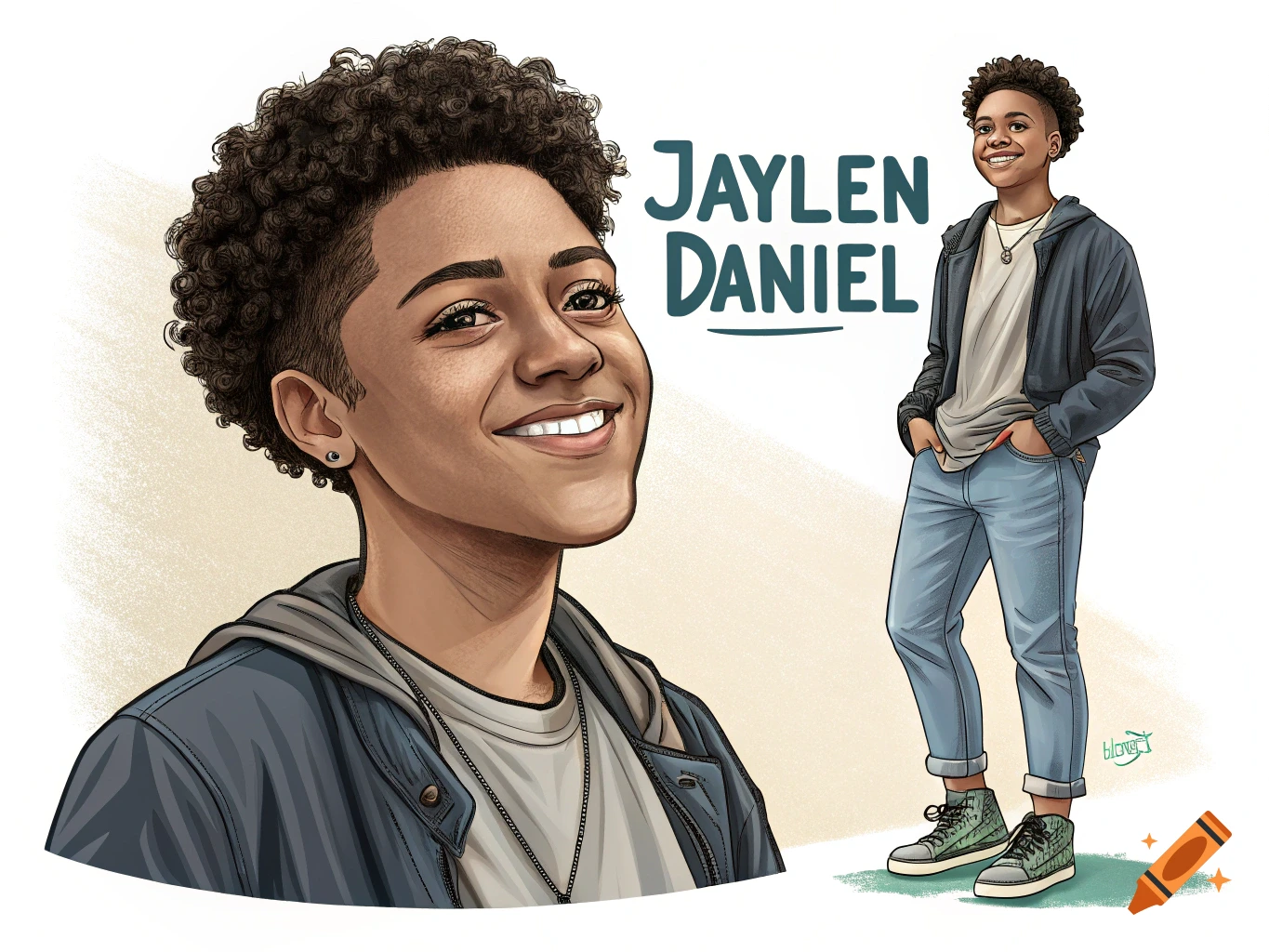 Illustration of young person named Jaylen Daniel with curly hair, smiling. Full body view shows them standing with hands in pockets.
