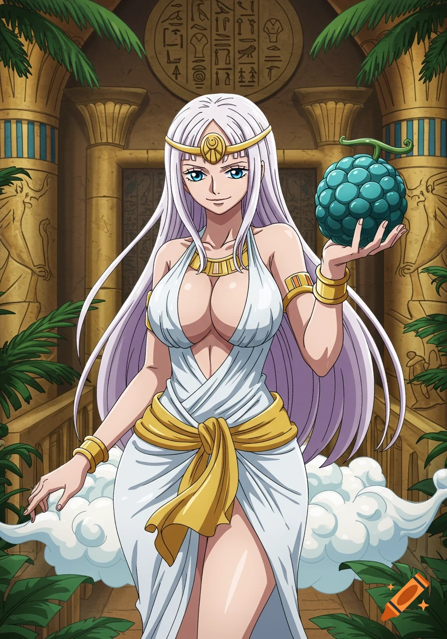 Anime character in Egyptian dress holding a fruit in an Egyptian temple