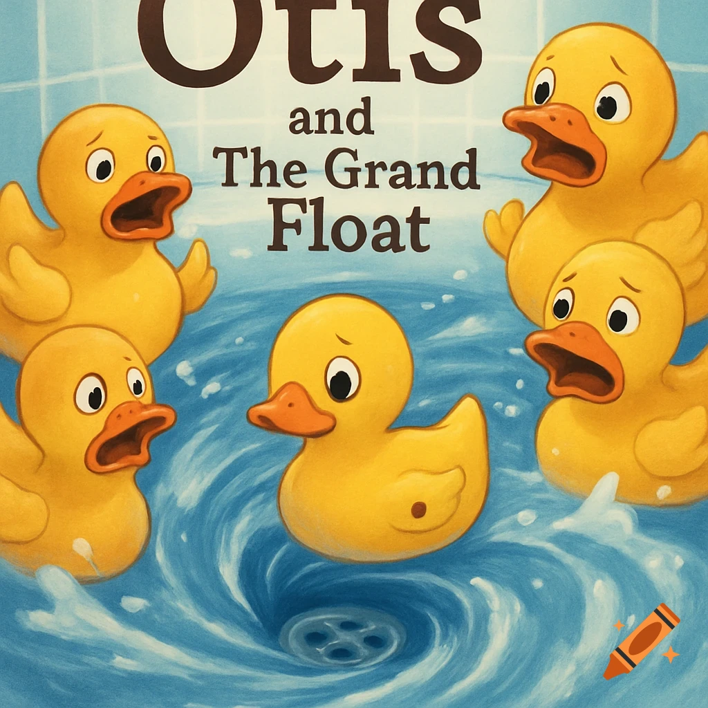 Illustration of scared rubber ducks swirling down a bathtub drain. Text reads 'Otis and The Grand Float'.
