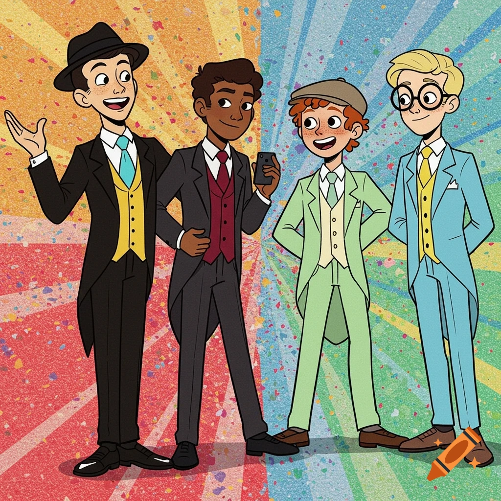 Four cartoon teenage boys in colorful tuxedos stand together smiling against a confetti background.