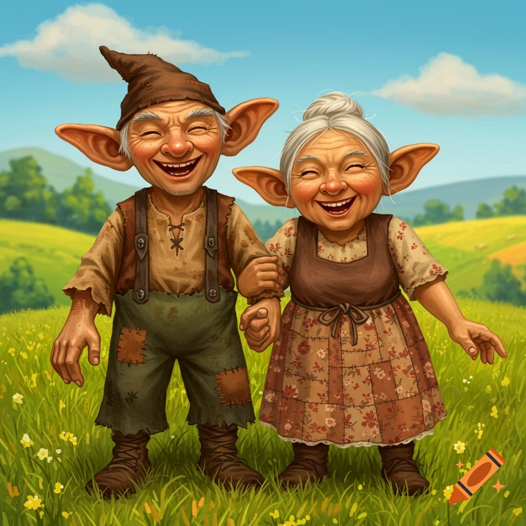 Painting of a happy elderly goblin couple holding hands in a grassy field.