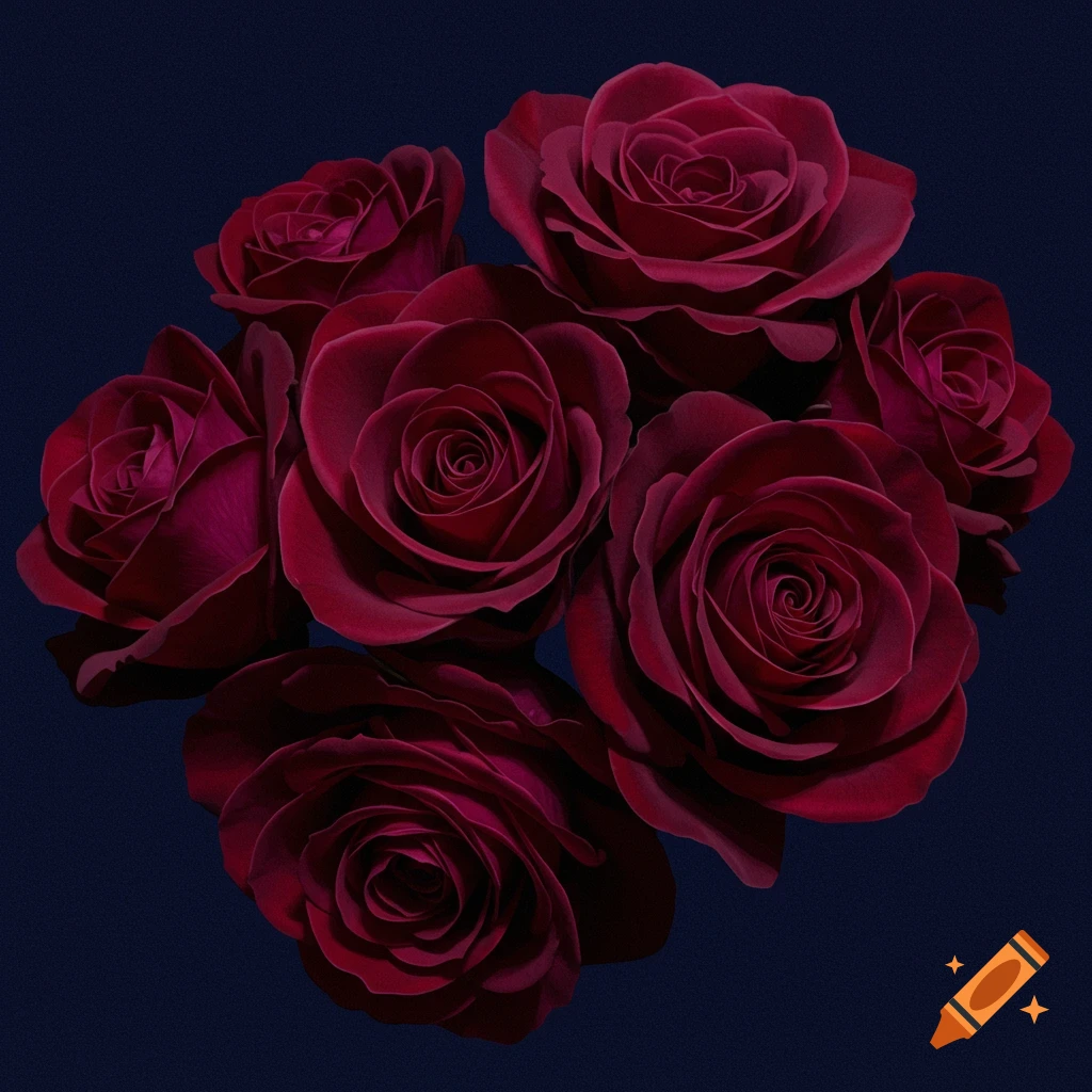 Close-up of a bouquet of deep red roses against a dark blue background.
