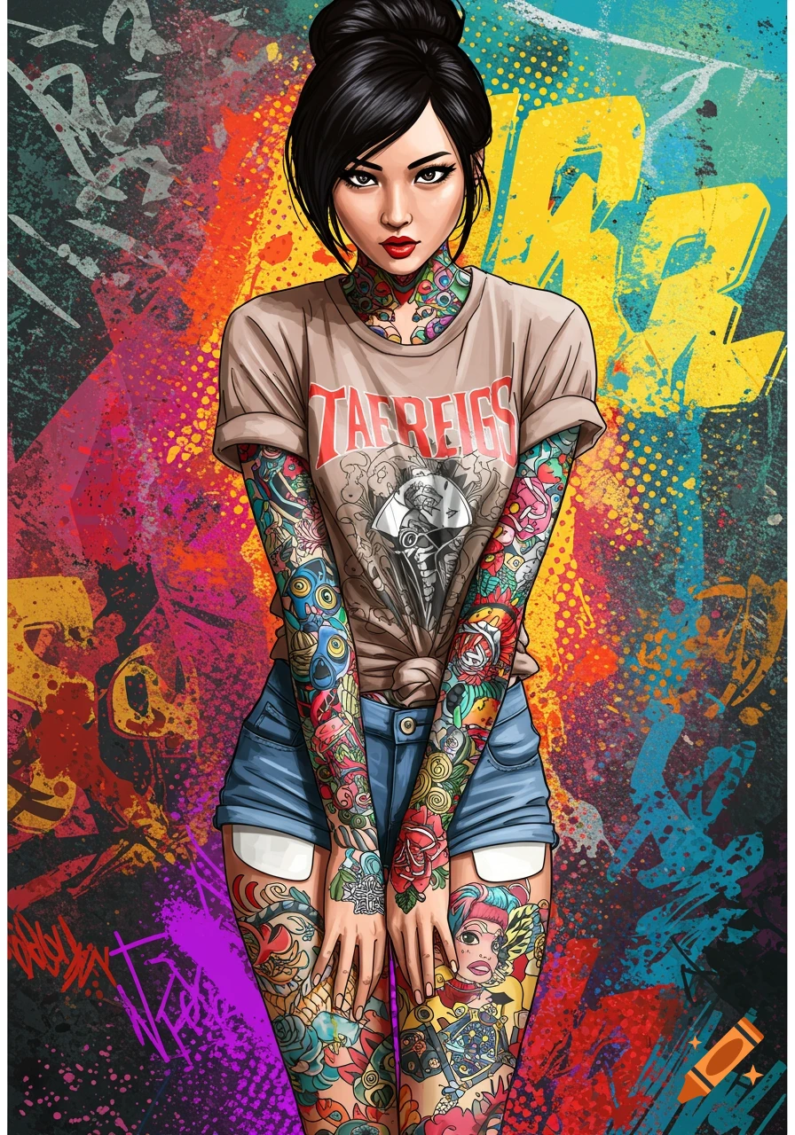 Illustration of a young woman with full body tattoos standing against a colorful graffiti background.