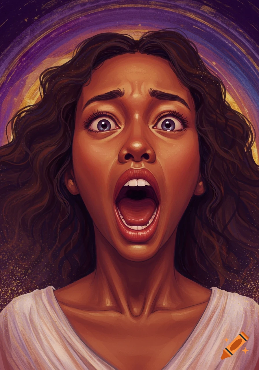 Close-up illustration of a woman with wide eyes and open mouth screaming against a swirling purple and gold background.