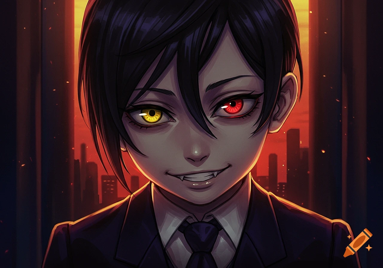 Anime portrait of character with heterochromia (red and yellow eyes), fangs, and a suit against a city background