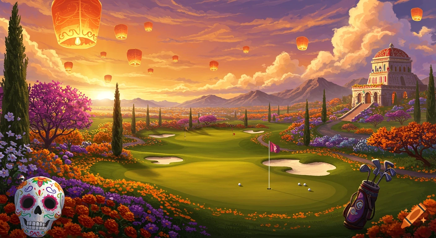 Colorful golf course with sugar skull, flowers, lanterns, building, sunset.