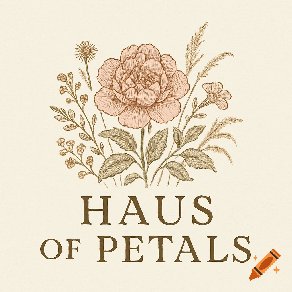 Vintage floral logo for Haus of Petals with peony illustration.