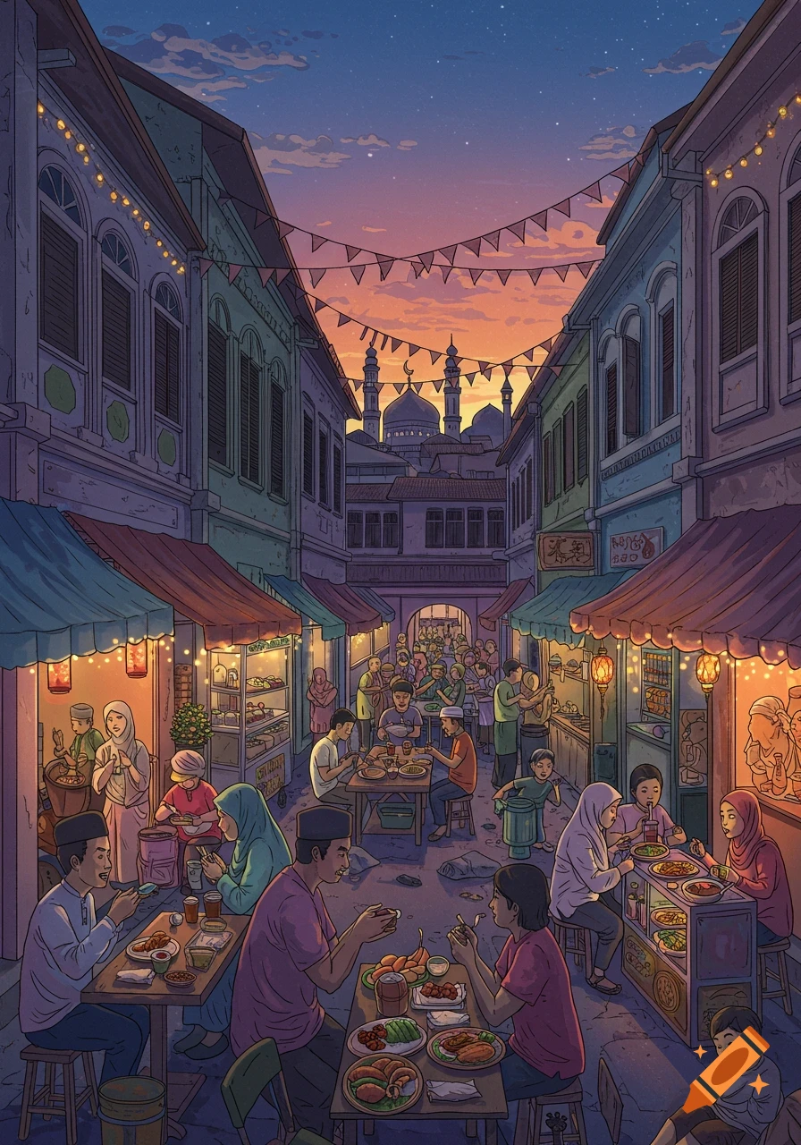 An illustration of a busy street market scene at dusk with people eating, featuring buildings and a mosque in the background.