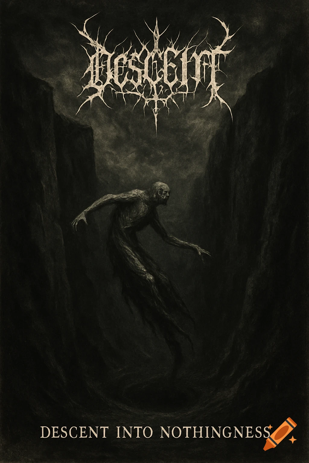 Dark skeletal figure in a desolate canyon with text, black metal album cover style.