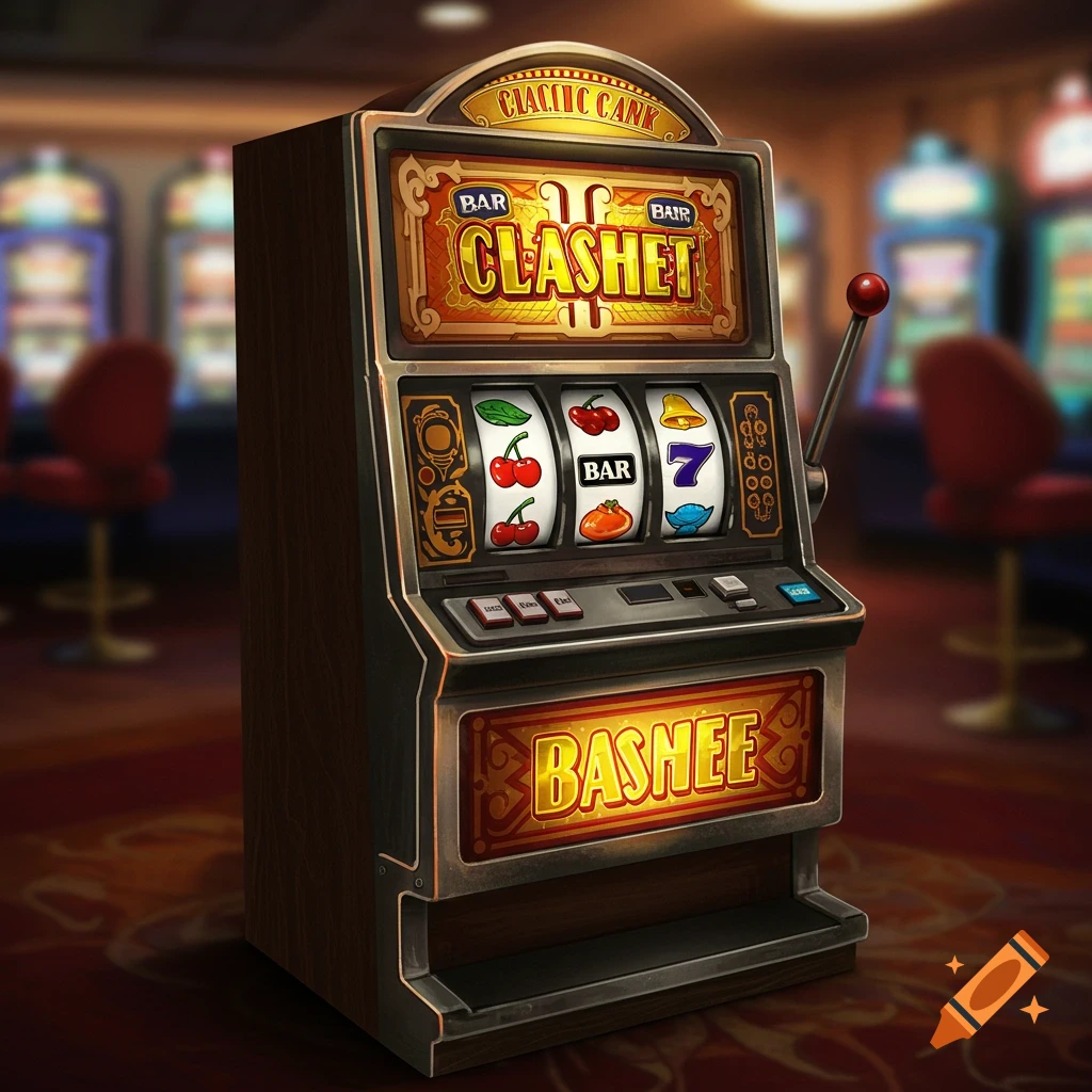 A detailed illustration of a classic slot machine in a casino setting.