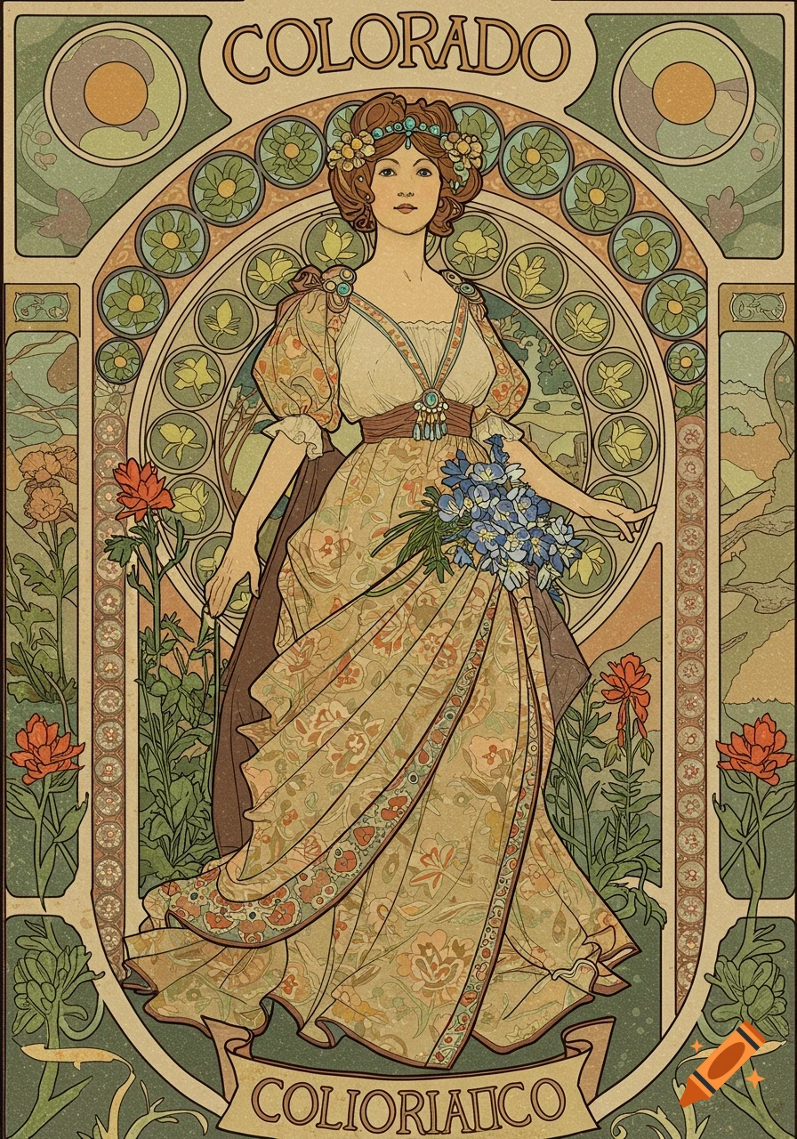 Art Nouveau illustration of a woman with flowers and decorative border, with the text Colorado.