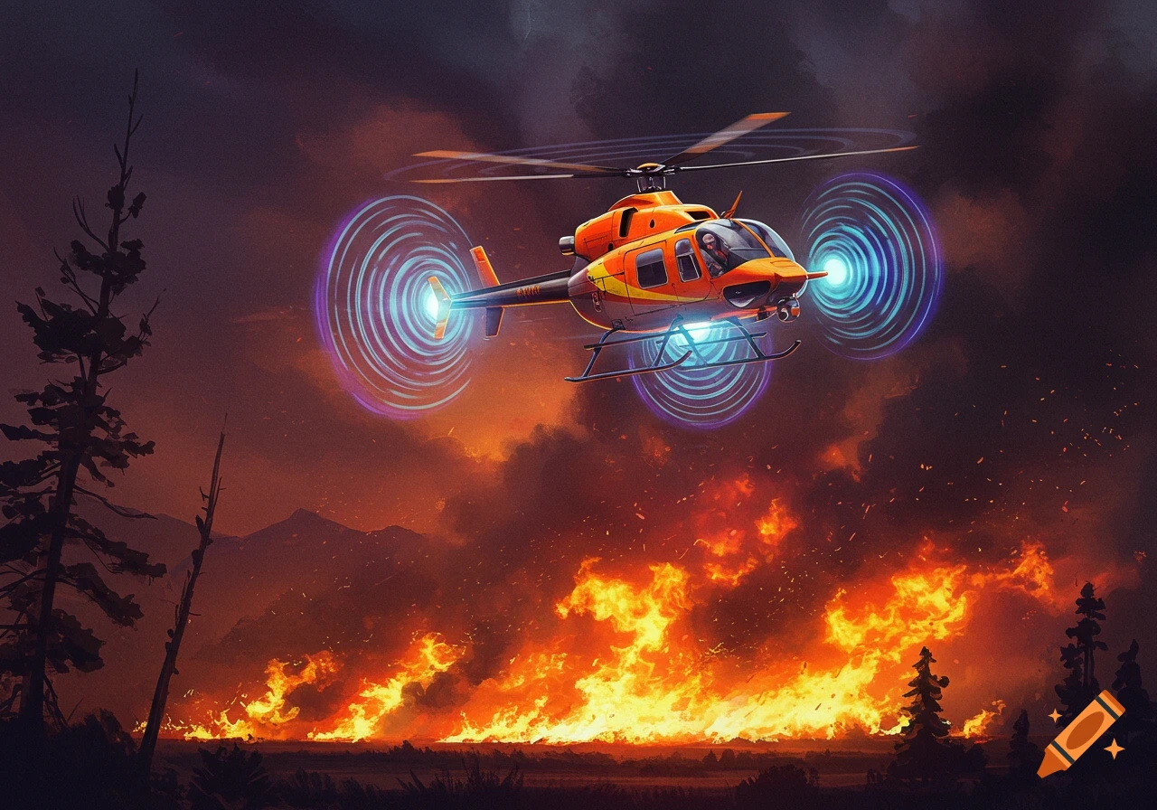A helicopter with glowing blue rings hangs over a fiery landscape at sunset, in a painted style.
