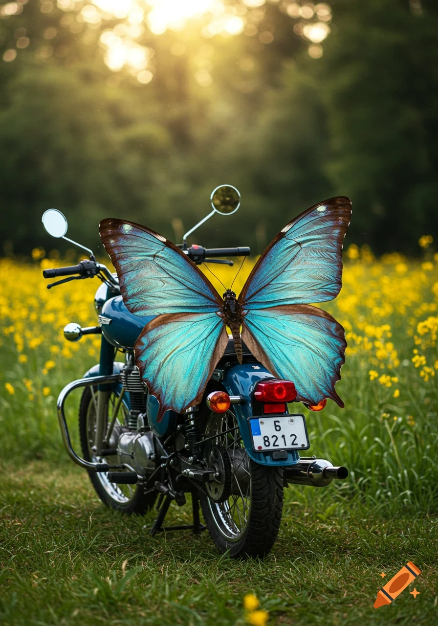 Blue motorcycle with a large blue butterfly perched on the seat in a field of yellow flowers.