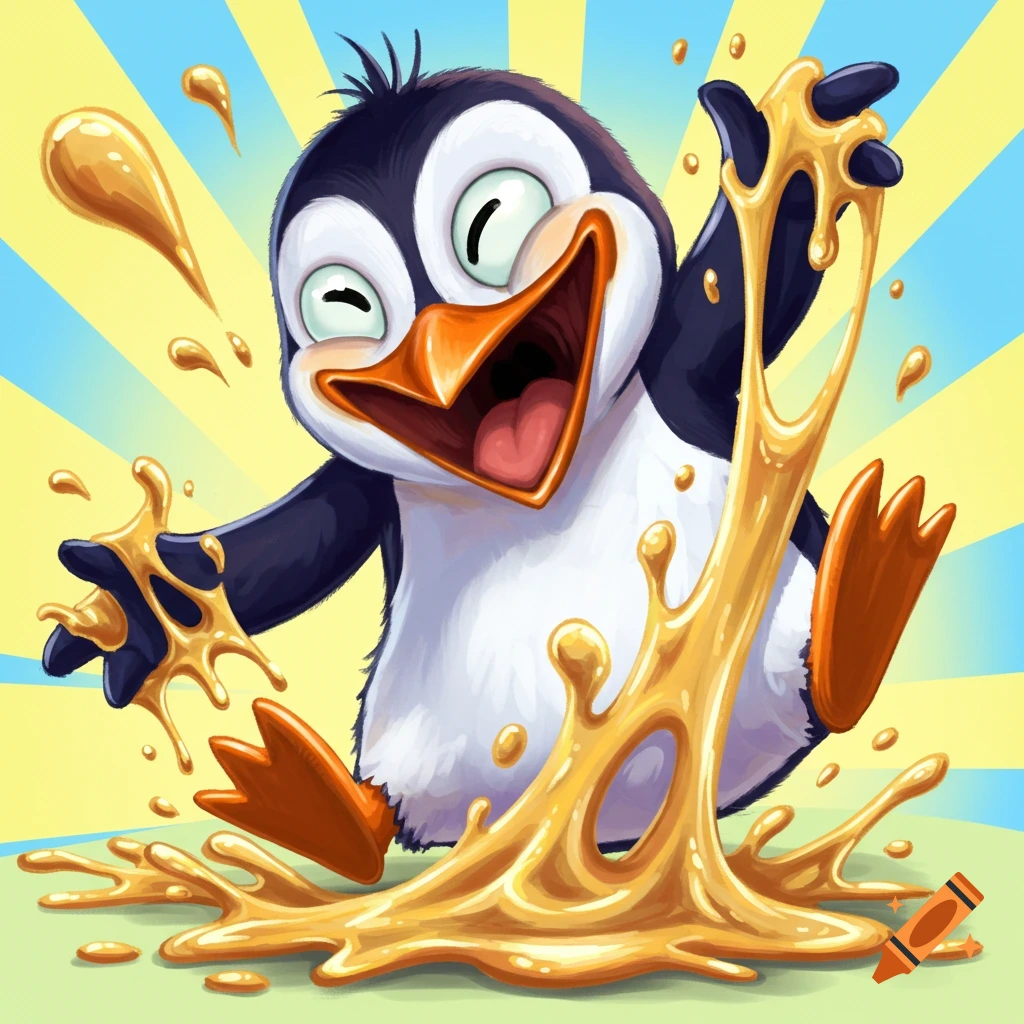 A cartoon penguin laughs excitedly while covered in sticky yellow slime.