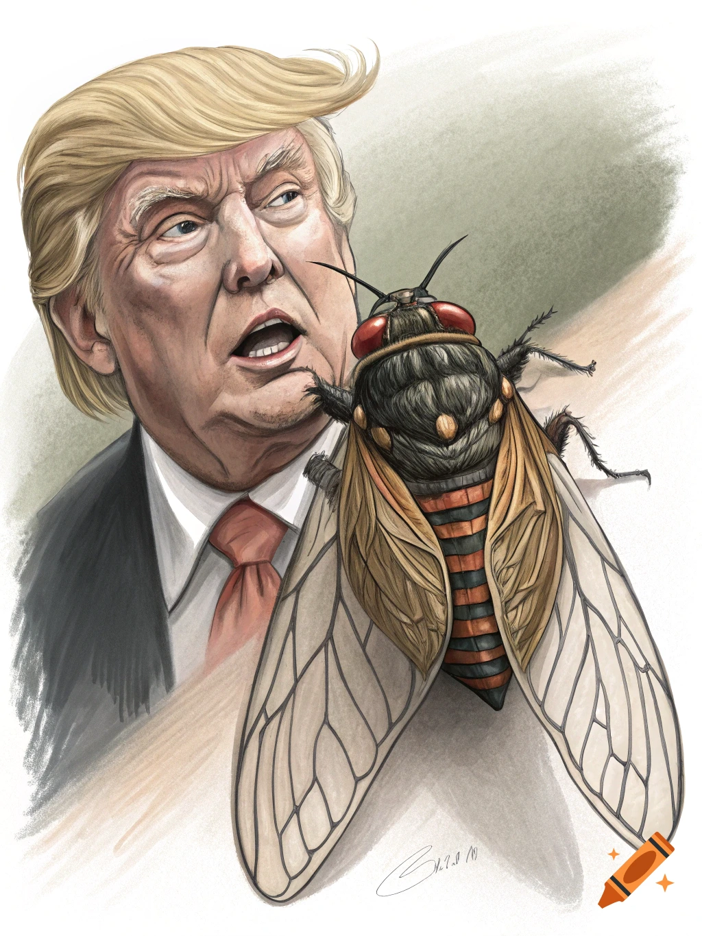 Illustration of Donald Trump looking at a large cicada