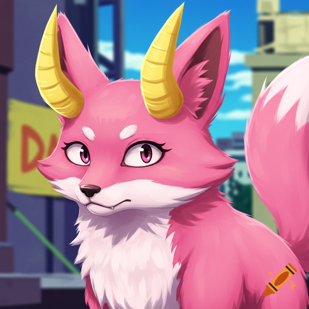 Anime style close-up of a pink fox creature with yellow horns against a blurry city background