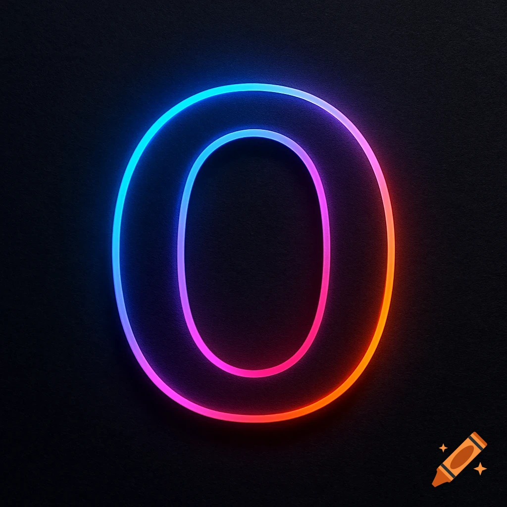 Neon letter O with blue, purple, and orange gradient on a dark background.