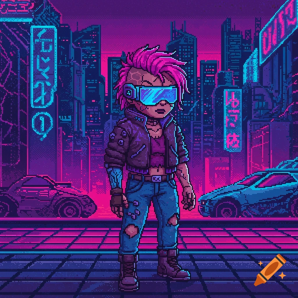 A pixel art cyberpunk character with pink hair and goggles stands on a futuristic city street at night.