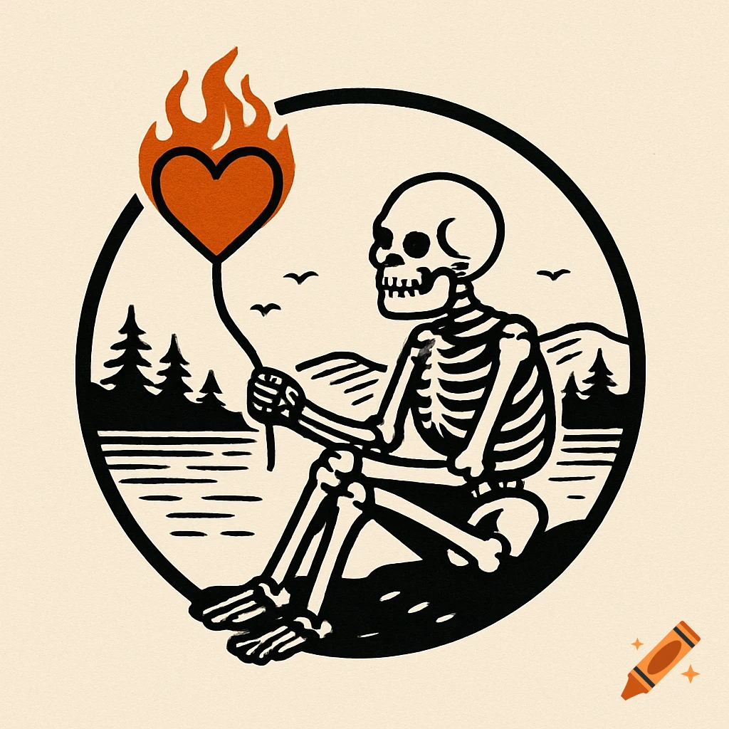 Stylized illustration logo of a skeleton holding a flaming heart balloon while sitting by a lake with trees.