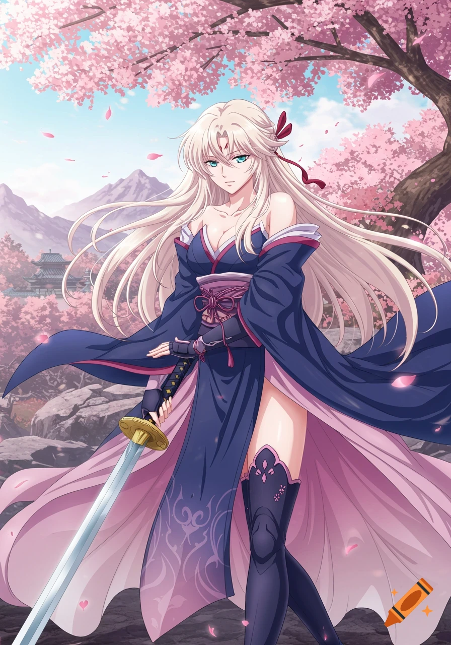 Anime woman in a blue kimono holding a sword under cherry blossoms