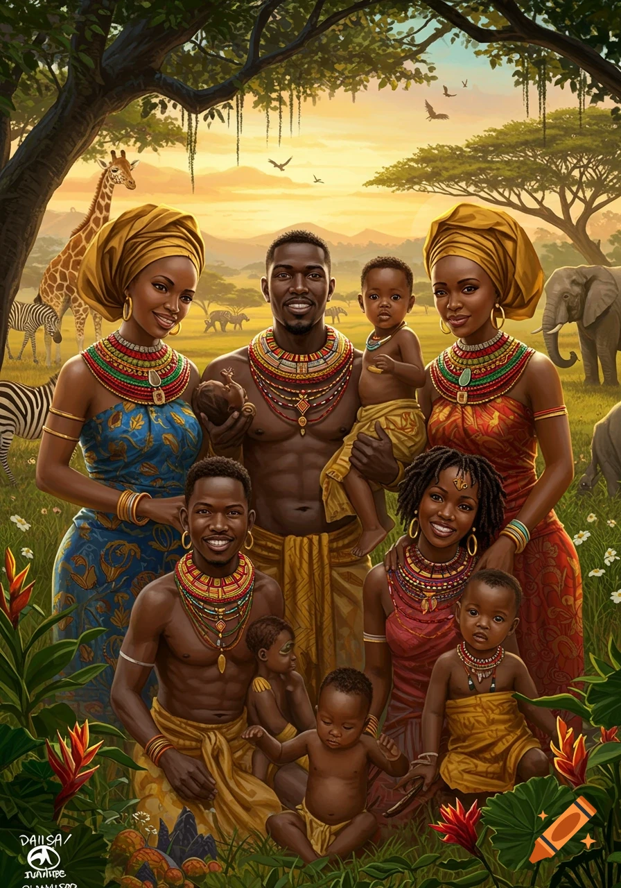 A family in traditional African attire poses in a savanna landscape with  giraffes, zebras, and elephants. on Craiyon, image size:896x1280